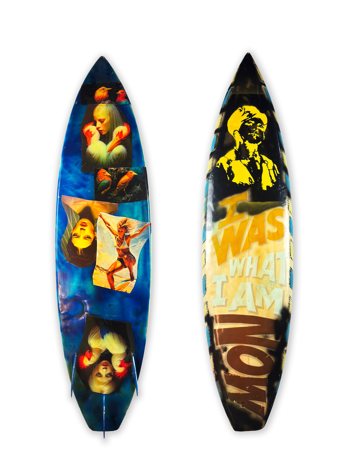 What I am Now Surfboard by David Bromley: figurative collage and bold lettering across a surfboard.