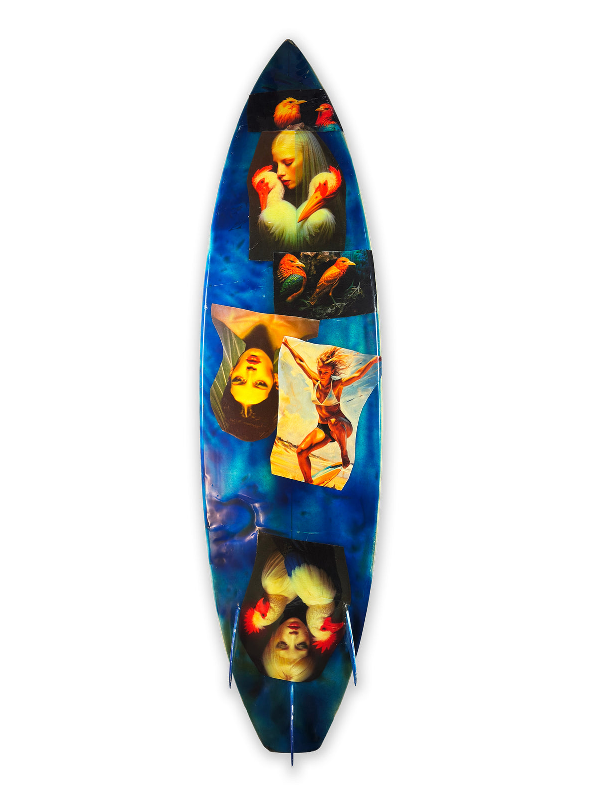 What I am Now Surfboard by David Bromley — blue figurative side on white.