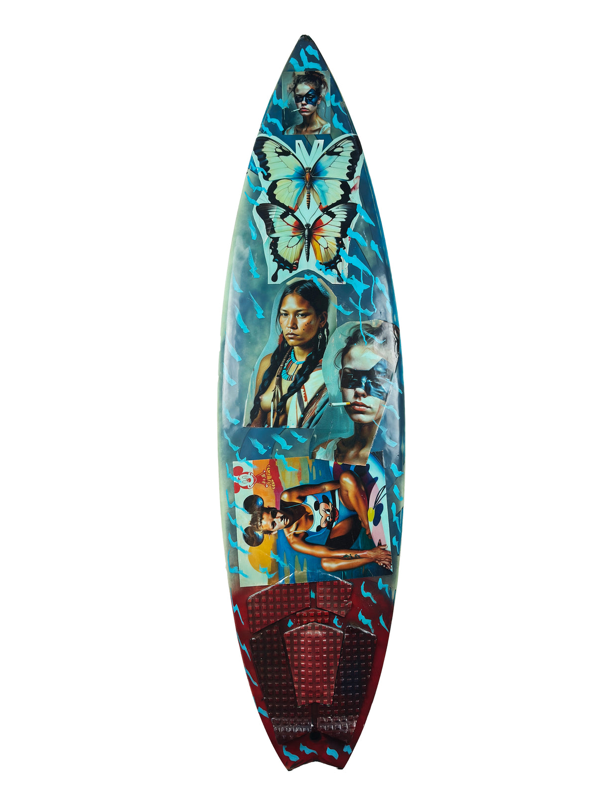 Butterflys Surfboard by David Bromley — blue butterfly side on white.