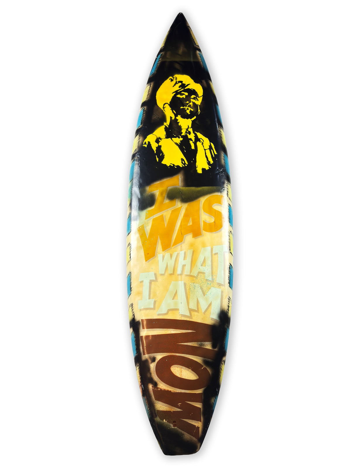 What I am Now Surfboard by David Bromley — black and yellow lettered side on white.