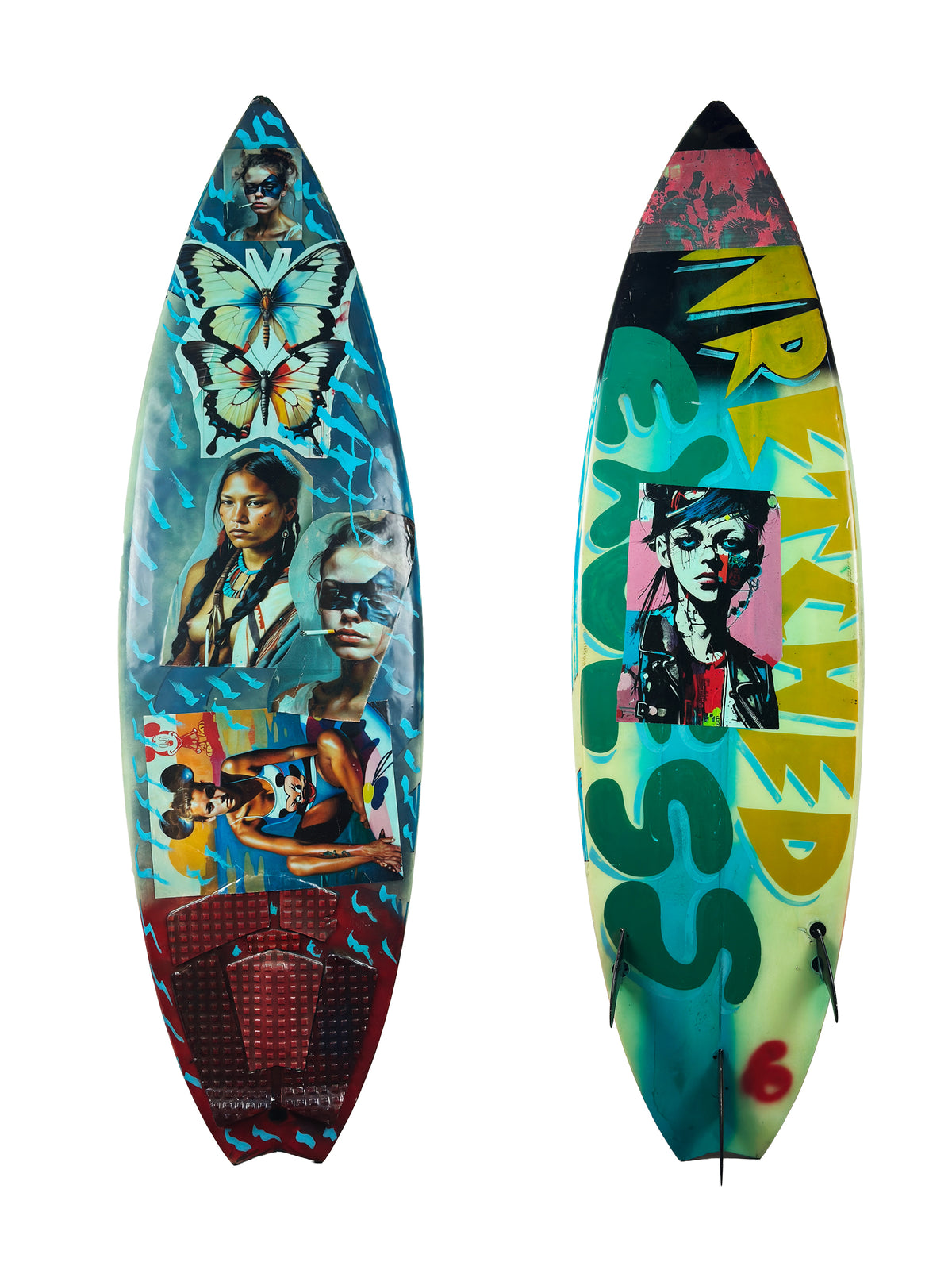 Butterflys Surfboard by David Bromley: butterflies, portraits and bold lettering across a surfboard.