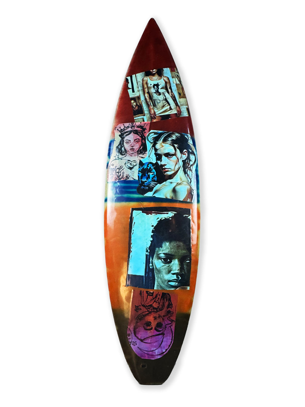 Queens Surfboard by David Bromley — red portrait-collage side on white.
