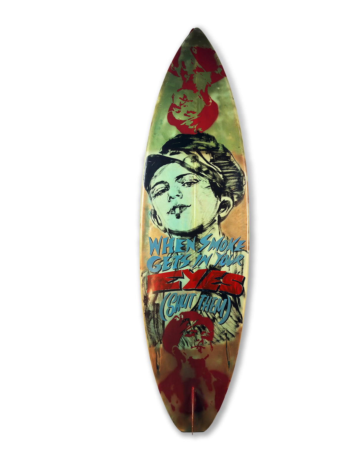 Queens Surfboard by David Bromley — cream portrait side on white.