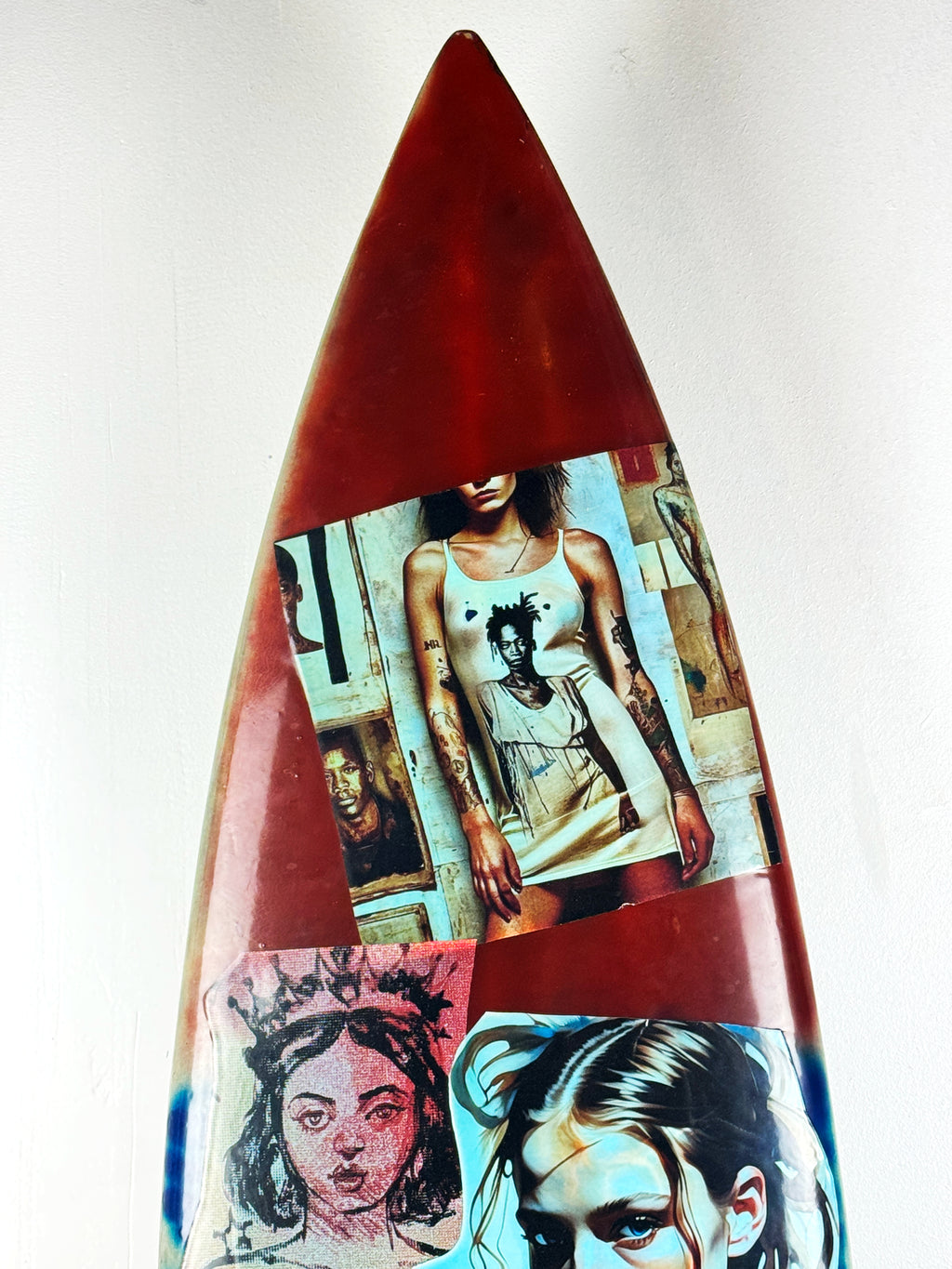 Queens Surfboard by David Bromley — upper red-side collage detail.