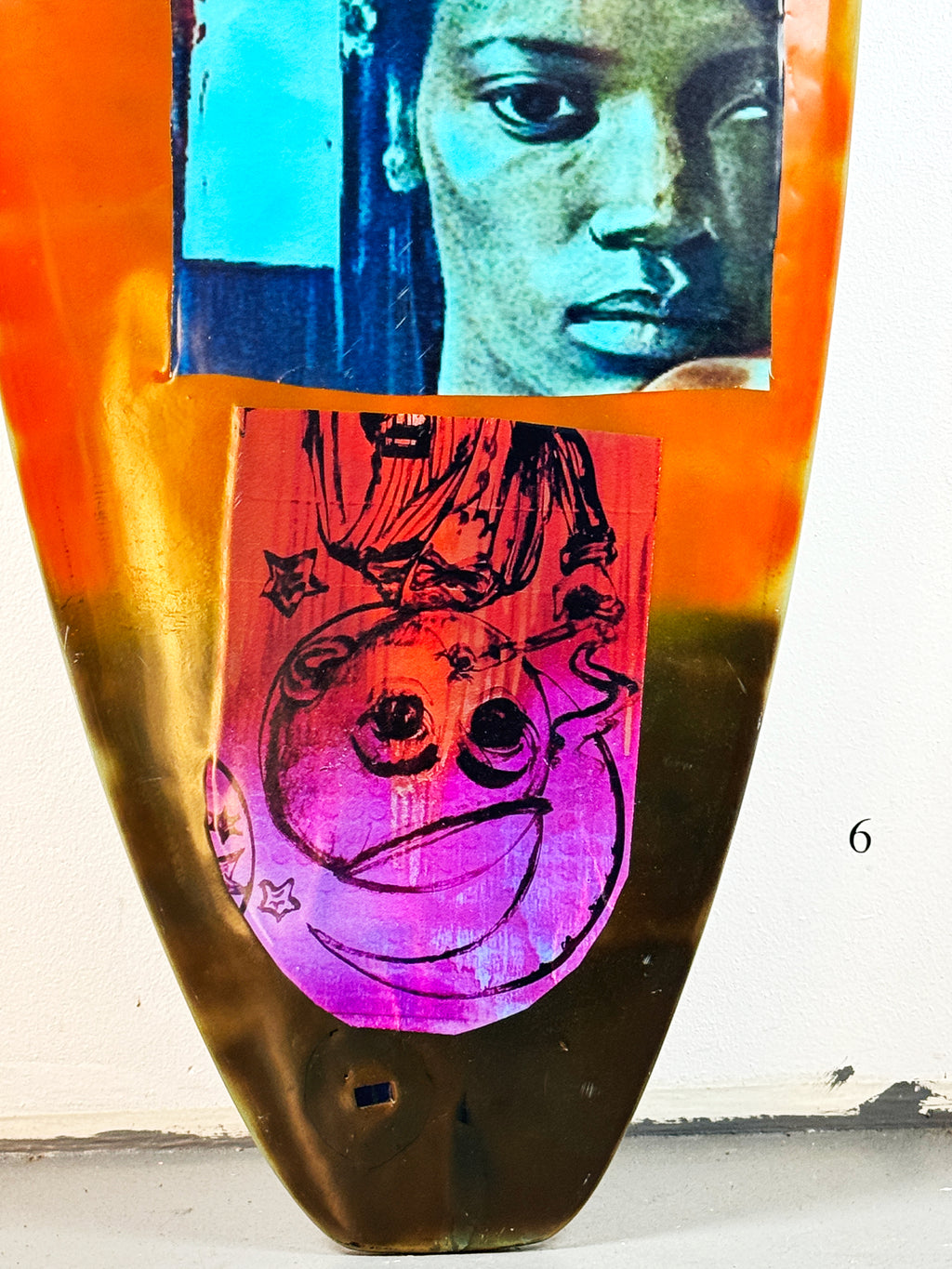 Queens Surfboard by David Bromley — lower red-side face detail.