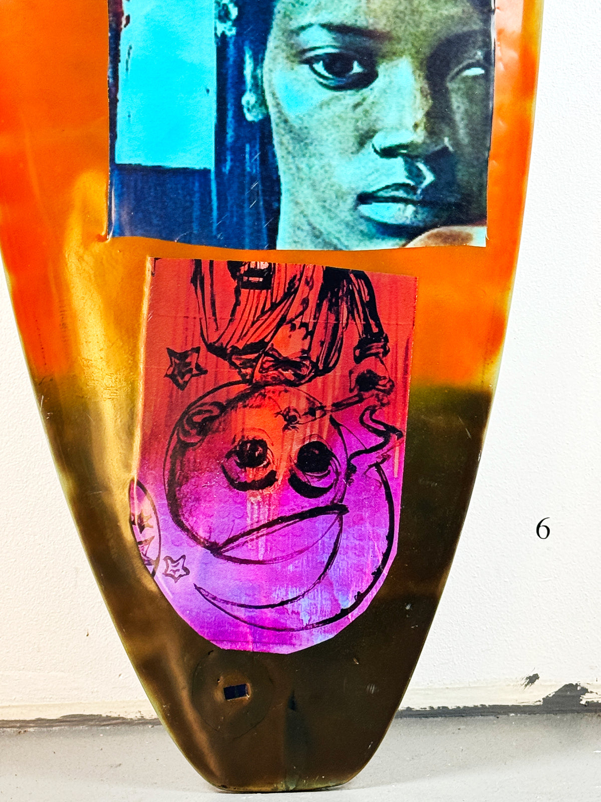 Queens Surfboard by David Bromley — lower red-side face detail.