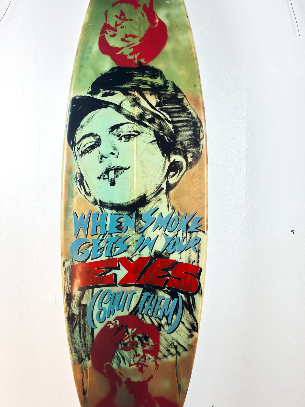 Queens Surfboard by David Bromley — upper cream-side portrait detail.