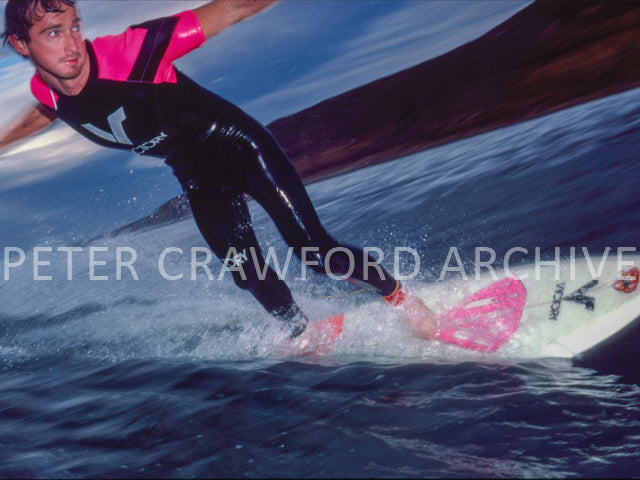 Mark Richards surfing Bells Beach in 1983, photographed from the water by Peter Crawford.