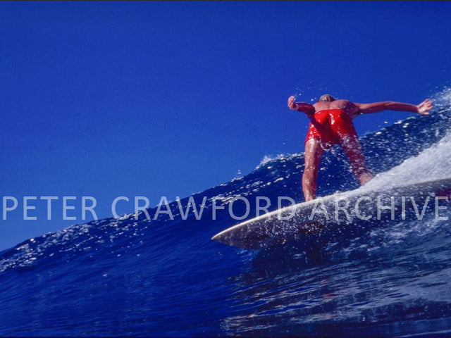 Rabbit Bartholomew surfing at the 1978 Stubbies Surf Classic at Burleigh Point, photographed by Peter Crawford.