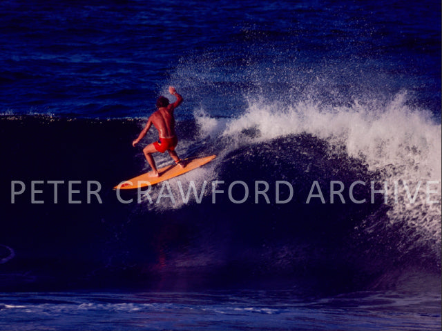 Terry Fitzgerald surfing during the 1978 Stubbies contest at Burleigh Heads, photographed by Peter Crawford.