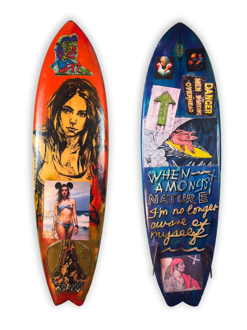Danger Surfboard by David Bromley: portrait collage and hand-painted lettering across a surfboard.