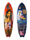 Danger Surfboard by David Bromley: portrait collage and hand-painted lettering across a surfboard.