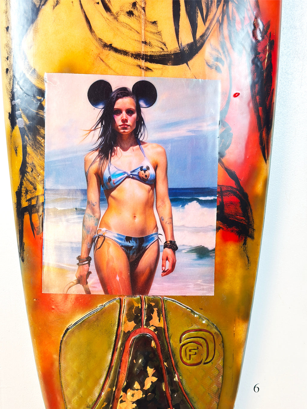 Danger Surfboard by David Bromley — lower portrait collage and fin detail.