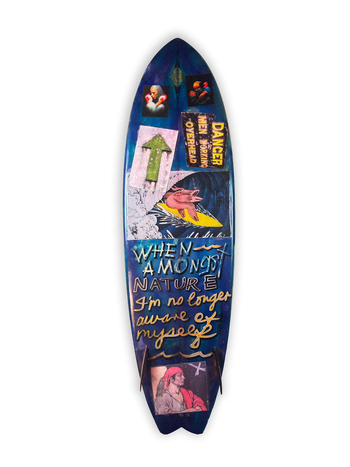 Danger Surfboard by David Bromley — blue lettered side on white.