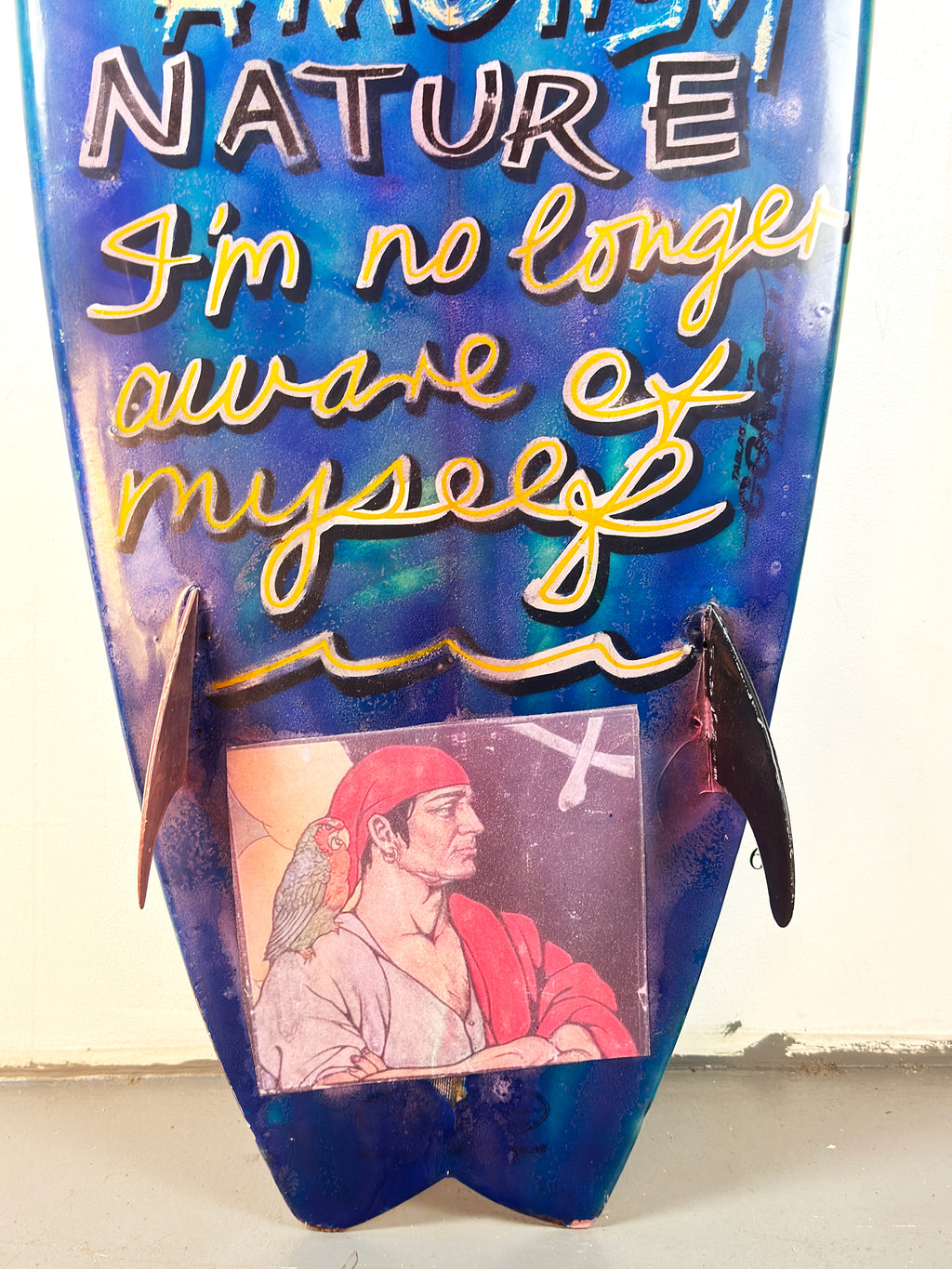 Danger Surfboard by David Bromley — lower lettering and portrait detail.