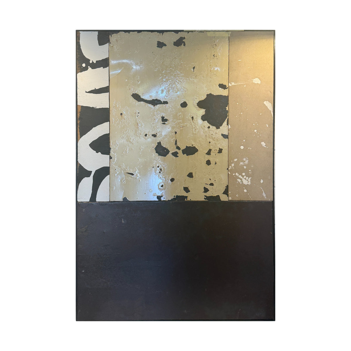Steve Gorrow Metal Work, 100 cm wide by 146 cm high, isolated on white with its original dark frame.