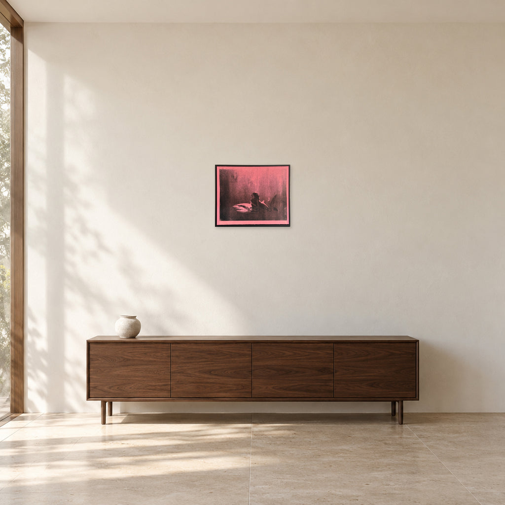 Steve Gorrow Shark Girl Pink, 52 cm wide by 43 cm high, in a modern room mockup scaled using a 270 cm wall-height reference.