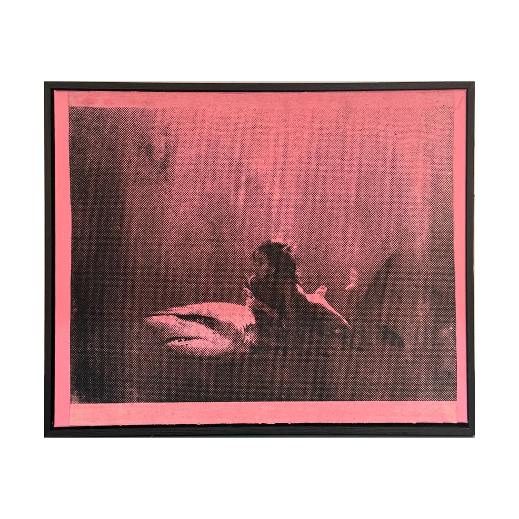 Steve Gorrow Shark Girl Pink, 52 cm wide by 43 cm high, artwork and original frame on white.