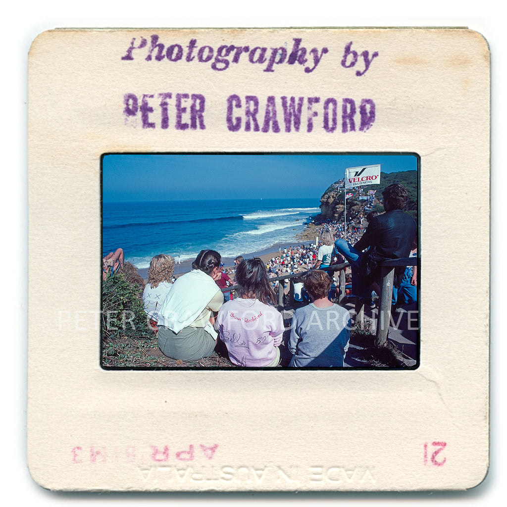 Rip Curl Pro Audience, Bells Beach 1982 — artwork presentation. Peter Crawford Archive.