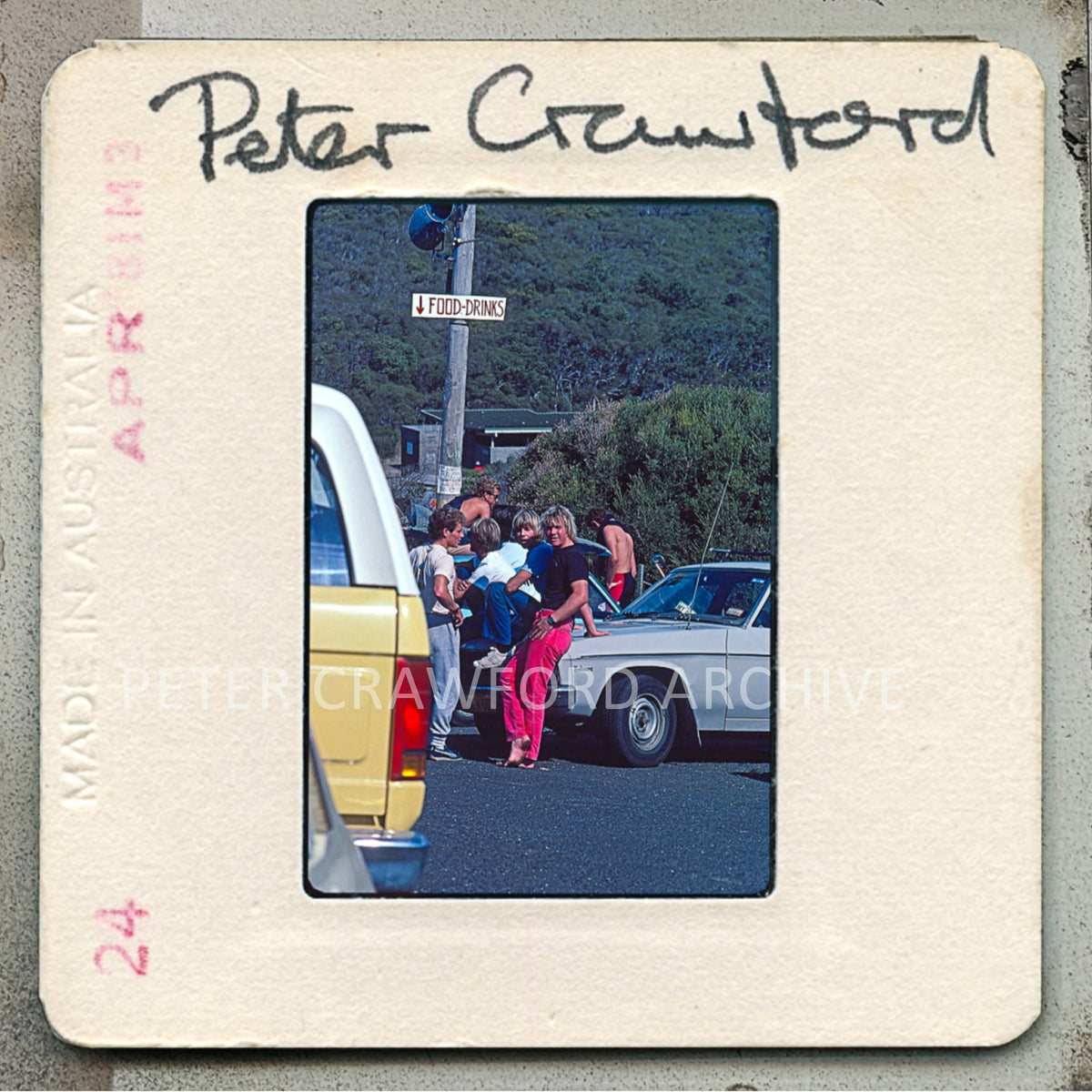 Gary Elkerton, Chappy Jennings, Wayne Bartholomew and Tom Carroll gather at Bells Beach in 1982. Peter Crawford Archive.