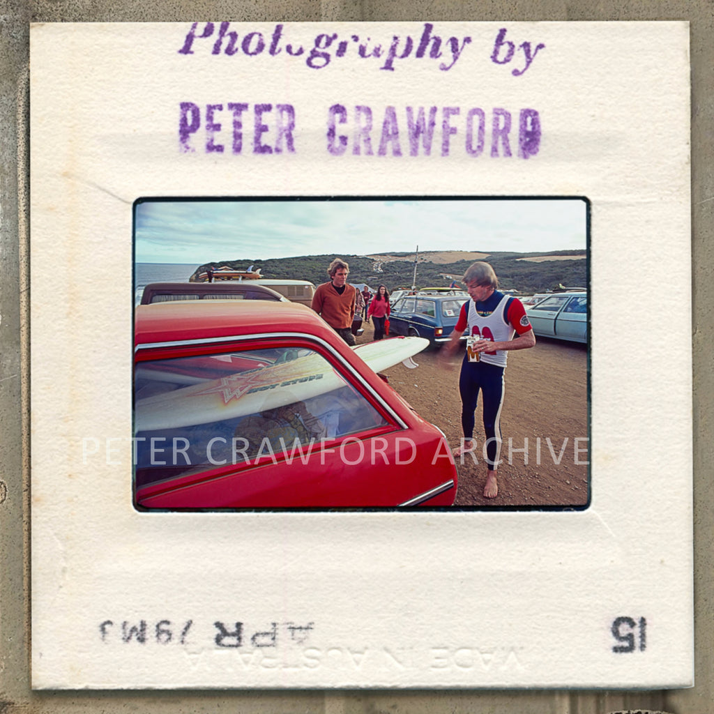 Wayne Bartholomew and Peter Harris share a carpark moment at the 1980 Rip Curl Pro. Peter Crawford Archive.