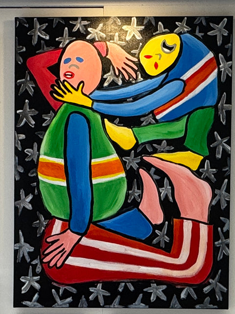 Face Toucher by Brodie Jackson: interlocking colourful figures against a black patterned background — gallery view.