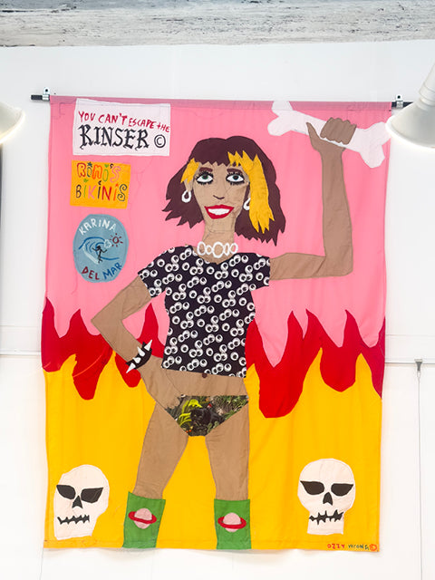 Rinser by Ozzie Wright: a colourful figure, flames, skulls and lettering on pink and yellow — gallery view.