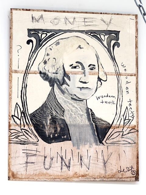 Money Funny by Justin Crawford: a monochrome banknote-style portrait with Money Funny lettering — gallery view.