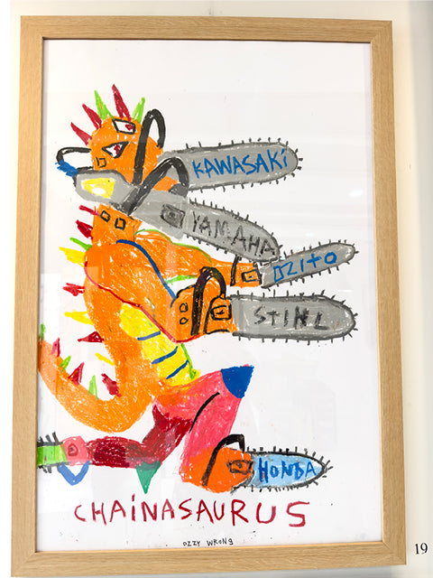 Chainasaurus by Ozzie Wright: a bright cartoon creature surrounded by illustrated chainsaws — gallery view.