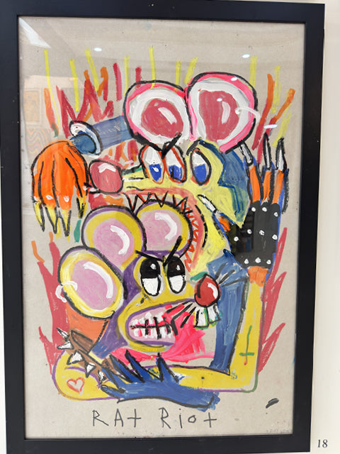 Rat Riot by Ozzie Wright: layered colourful cartoon faces and bold marks in a black frame — gallery view.
