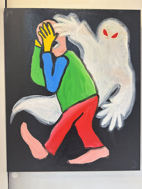 Only Fan by Brodie Jackson: a colourful figure and a white ghost on a black background — gallery view.