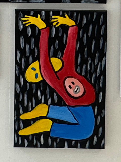 Only Fans by Brodie Jackson: a red and blue figure reaching upward against a black patterned background — gallery view.