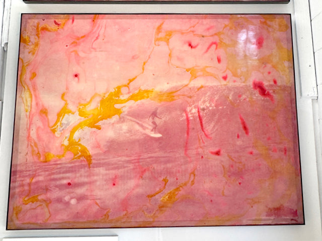 Gerry Lopez by Steve Gorrow: a surfer within pink, yellow and orange marbled textures — gallery view.