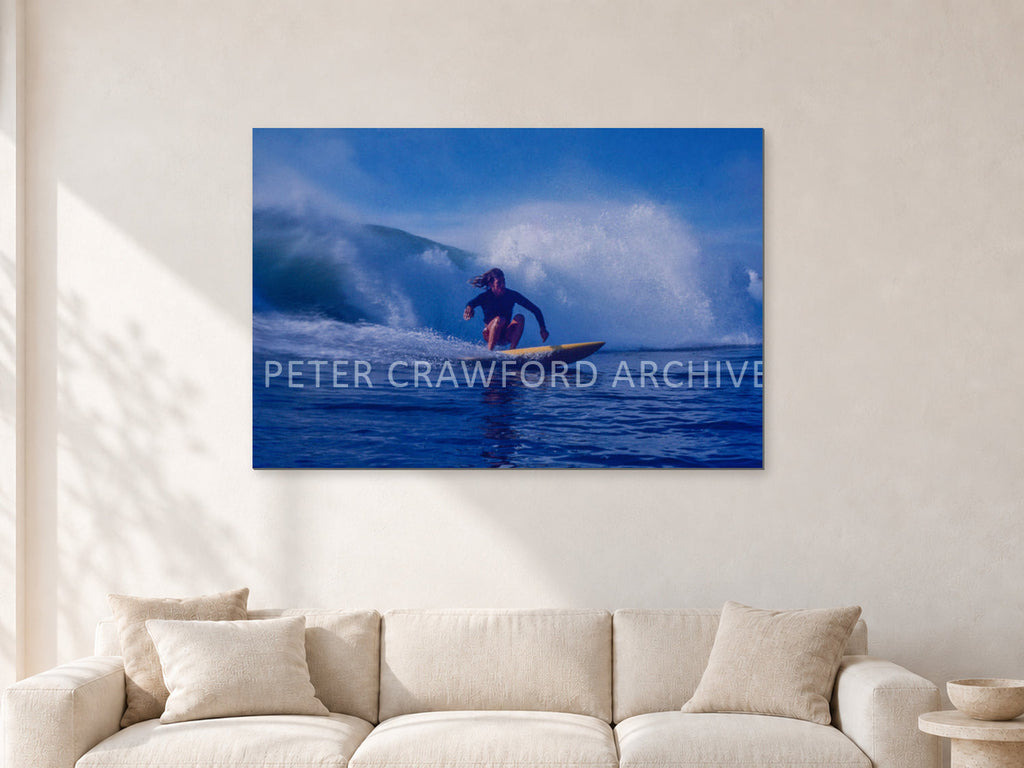 Angourie Point, Yamba 1976 by Peter Crawford — 120 × 80 cm, aluminium-mounted resin print, shown in a light minimalist living room.