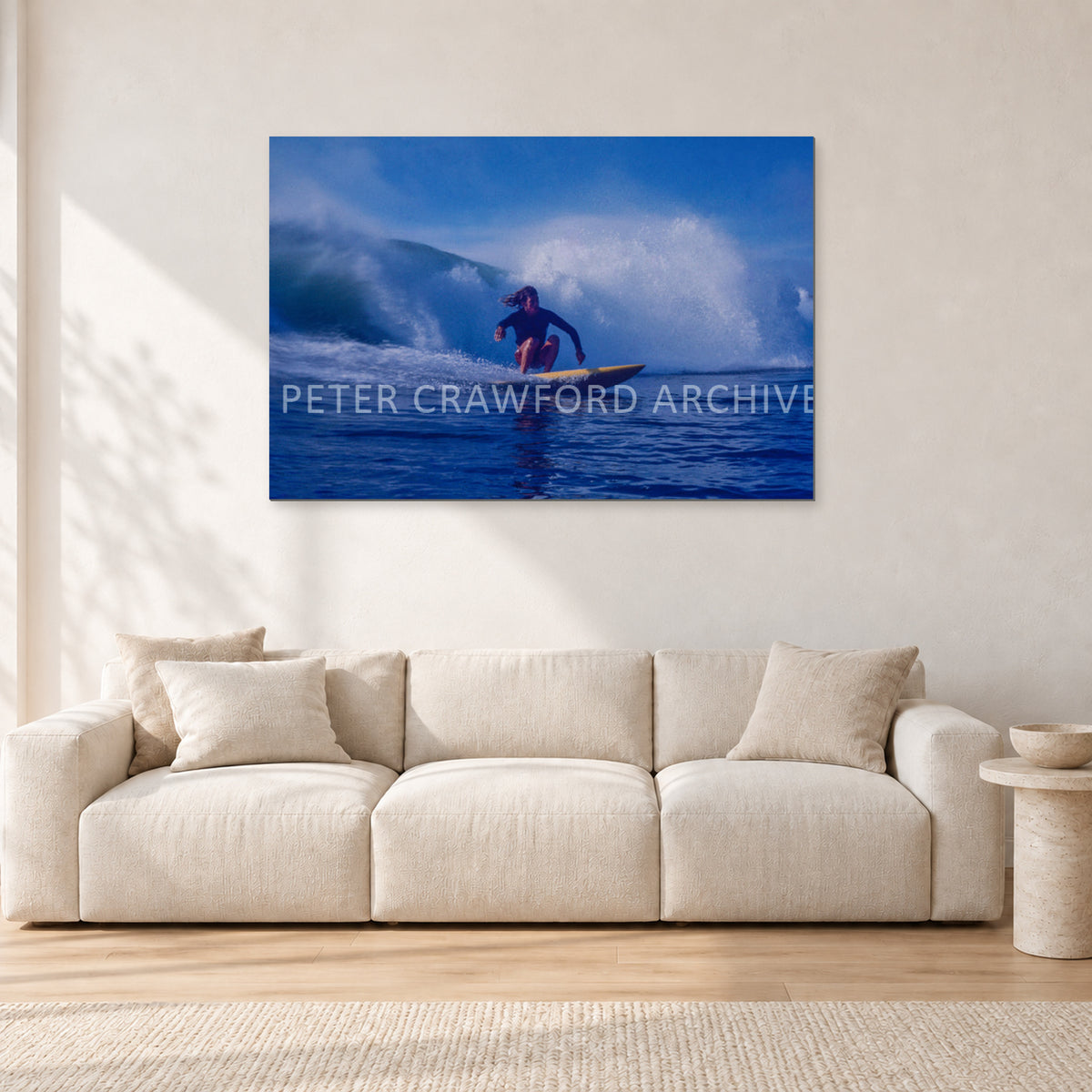Angourie Point, Yamba 1976 by Peter Crawford — 120 × 80 cm, aluminium-mounted resin print, shown in a light minimalist living room.