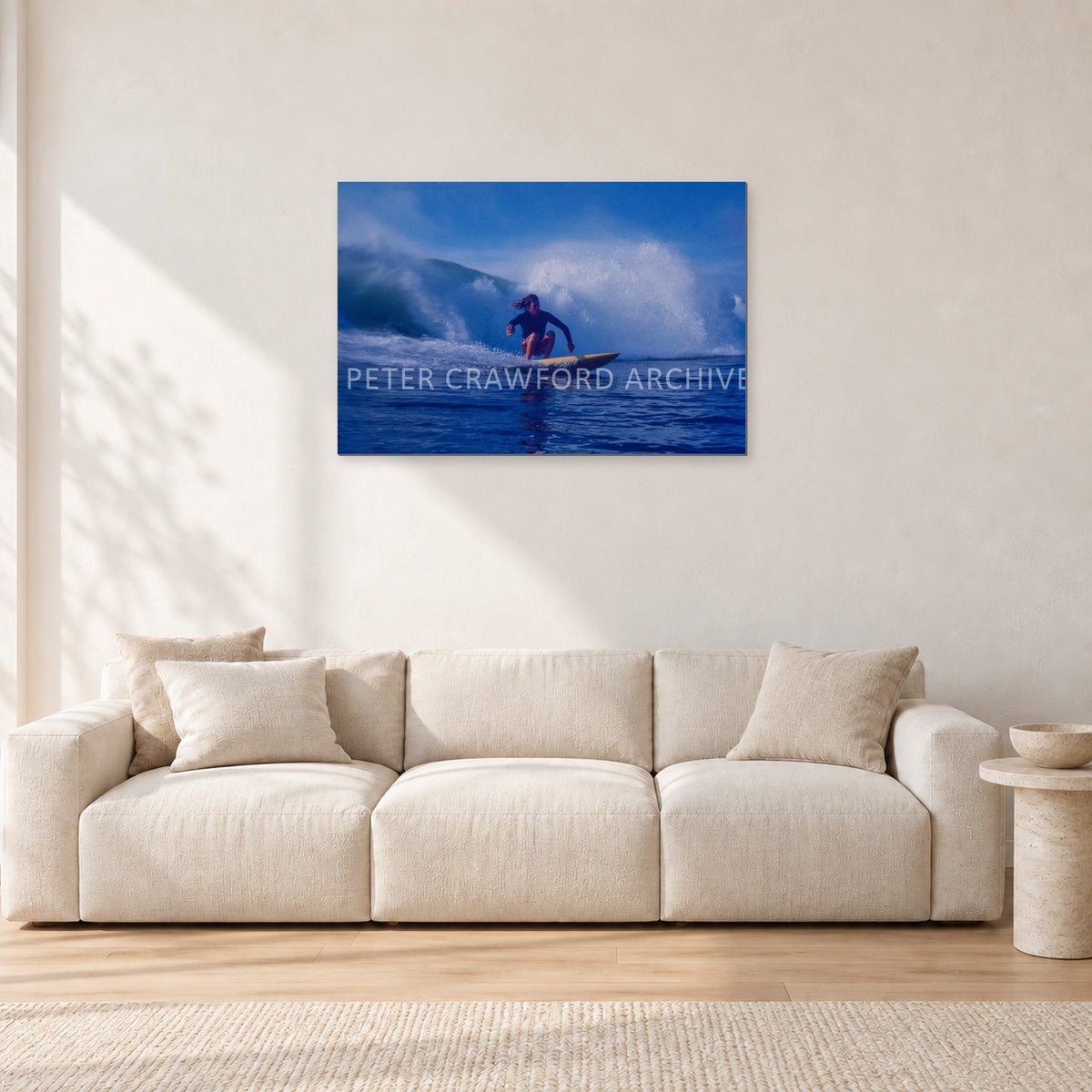 Angourie Point, Yamba 1976 by Peter Crawford — 90 × 60 cm, aluminium-mounted resin print, shown in a light minimalist living room.