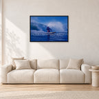 Angourie Point, Yamba 1976 by Peter Crawford — 90 × 60 cm, black frame, shown in a light minimalist living room.