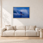Angourie Point, Yamba 1976 by Peter Crawford — 90 × 60 cm, hayseed frame, shown in a light minimalist living room.