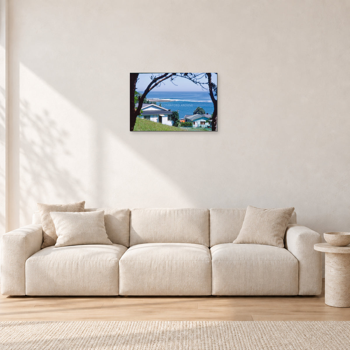 Aussie Pipe by Peter Crawford — 60 × 40 cm, aluminium-mounted resin print, shown in a light minimalist living room.