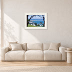 Aussie Pipe by Peter Crawford — 60 × 40 cm, white frame with white mat, shown in a light minimalist living room.