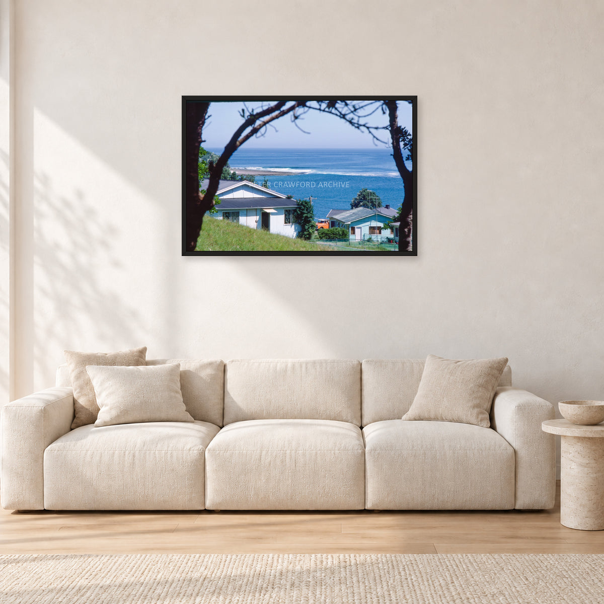 Aussie Pipe by Peter Crawford — 90 × 60 cm, black frame, shown in a light minimalist living room.
