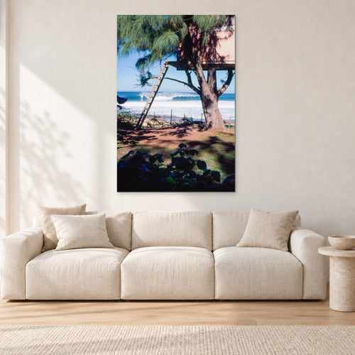 Backdoor Pipeline Tree House by Peter Crawford — 80 × 120 cm, aluminium-mounted resin print, shown in a light minimalist living room.
