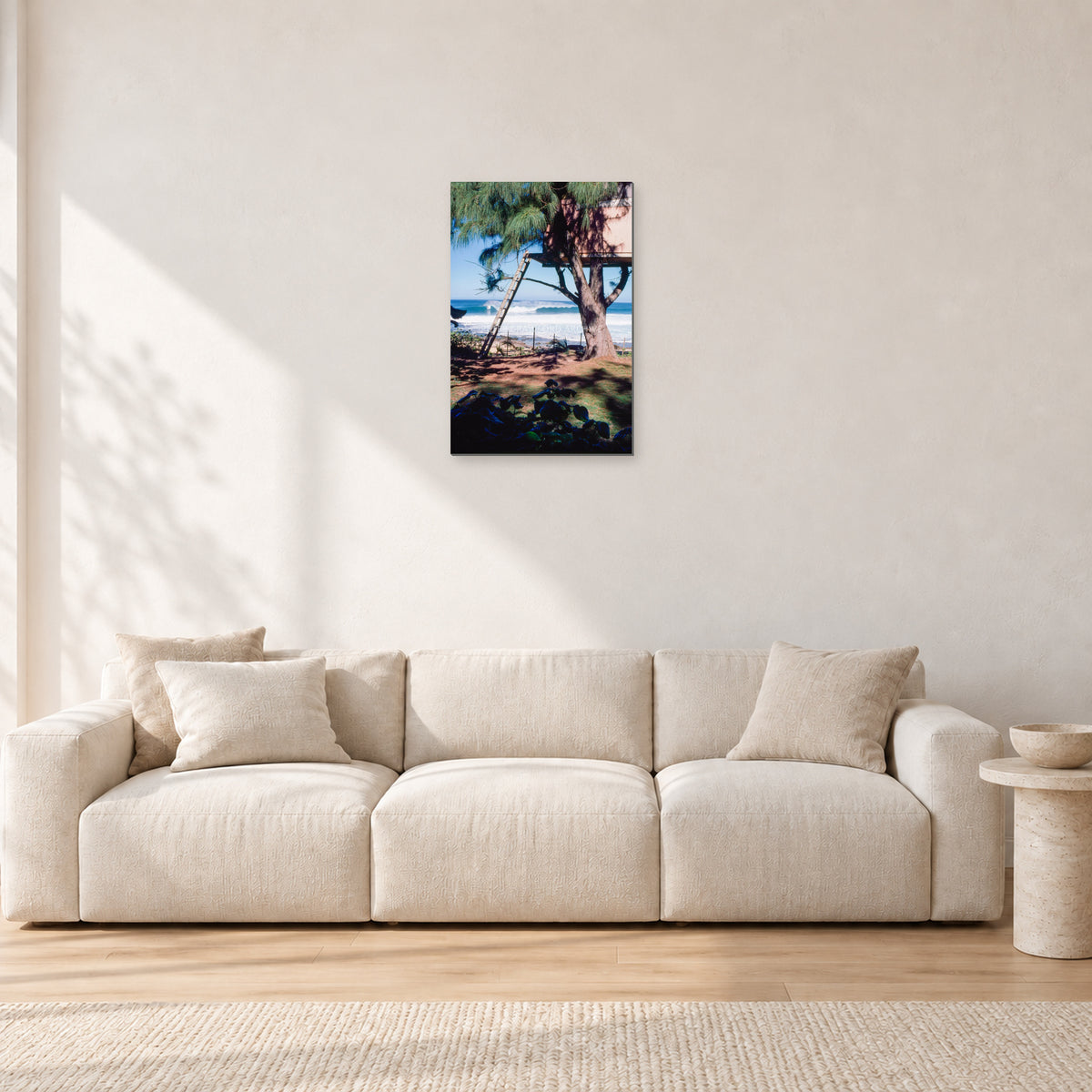 Backdoor Pipeline Tree House by Peter Crawford — 40 × 60 cm, aluminium-mounted resin print, shown in a light minimalist living room.