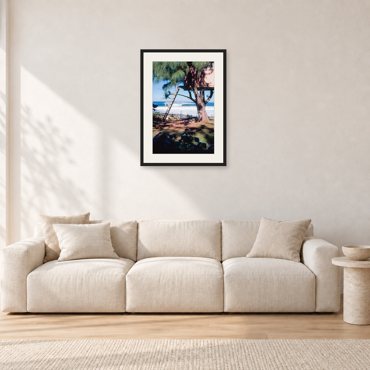Backdoor Pipeline Tree House by Peter Crawford — 40 × 60 cm, black frame with white mat, shown in a light minimalist living room.