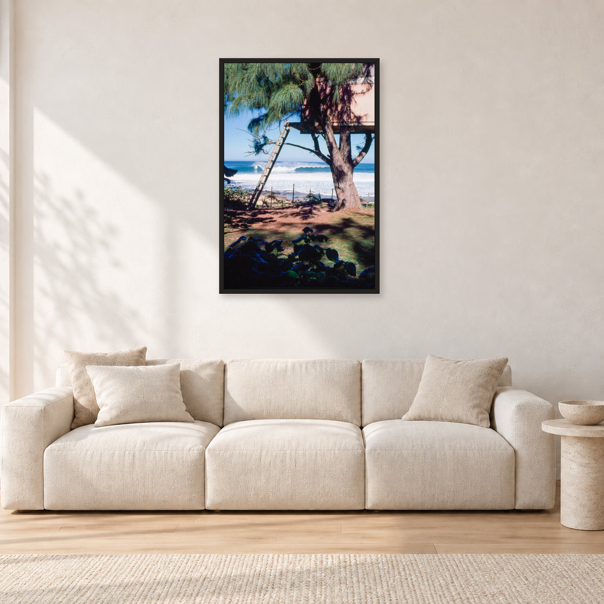Backdoor Pipeline Tree House by Peter Crawford — 60 × 90 cm, black frame, shown in a light minimalist living room.