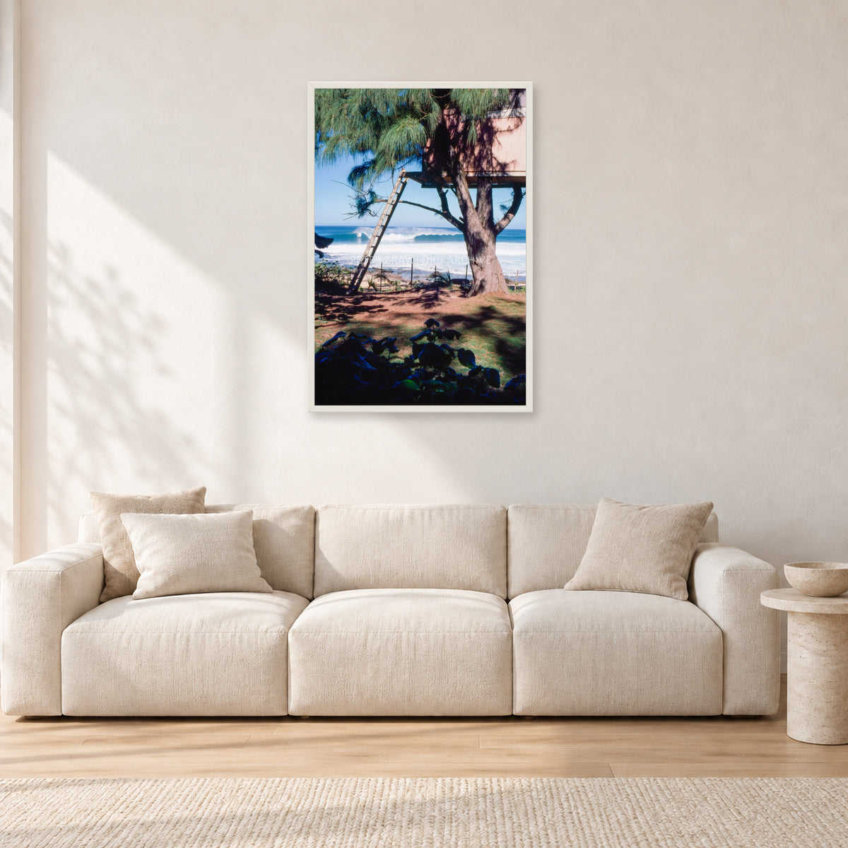 Backdoor Pipeline Tree House by Peter Crawford — 60 × 90 cm, white frame, shown in a light minimalist living room.