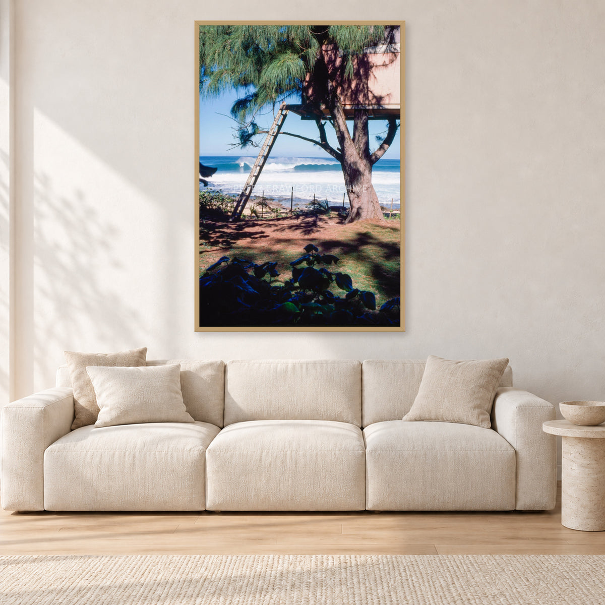 Backdoor Pipeline Tree House by Peter Crawford — 80 × 120 cm, hayseed frame, shown in a light minimalist living room.