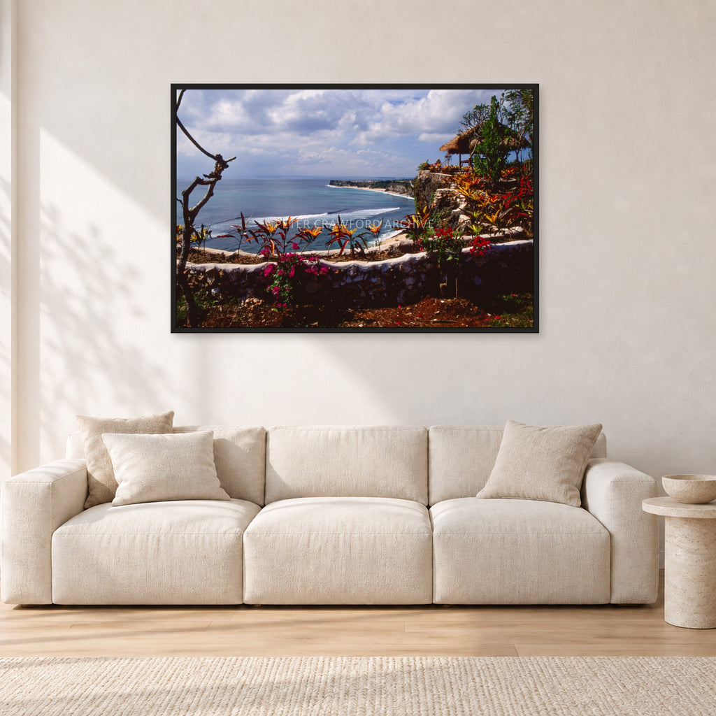 Bali, Peter Crawford by Peter Crawford — 120 × 80 cm, black frame, shown in a light minimalist living room.