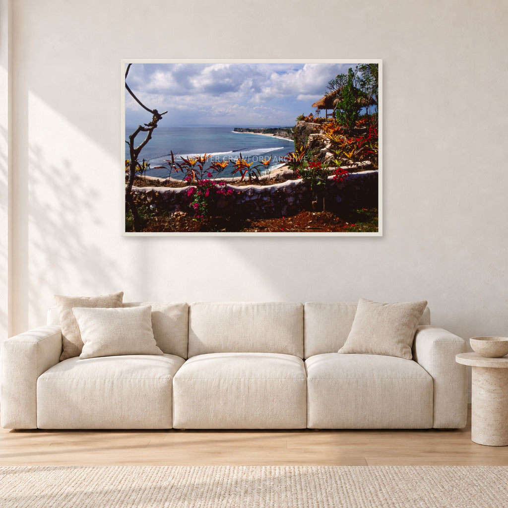 Bali, Peter Crawford by Peter Crawford — 120 × 80 cm, white frame, shown in a light minimalist living room.