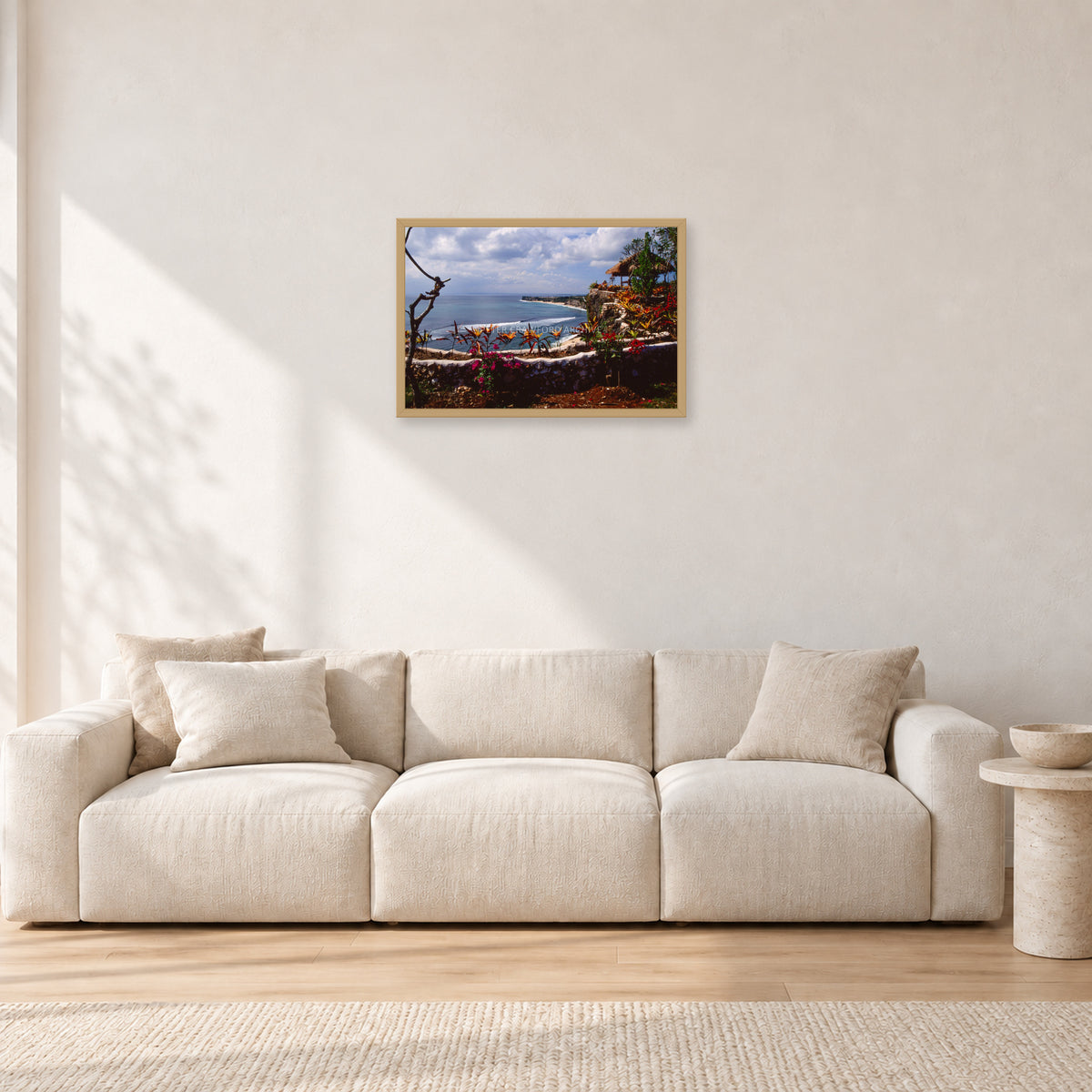 Bali, Peter Crawford by Peter Crawford — 60 × 40 cm, hayseed frame, shown in a light minimalist living room.